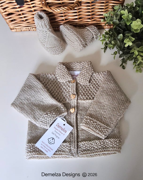 Designer Merino Wool Hand Knitted Baby Jacket & Matching Booties Set 0-3 months 