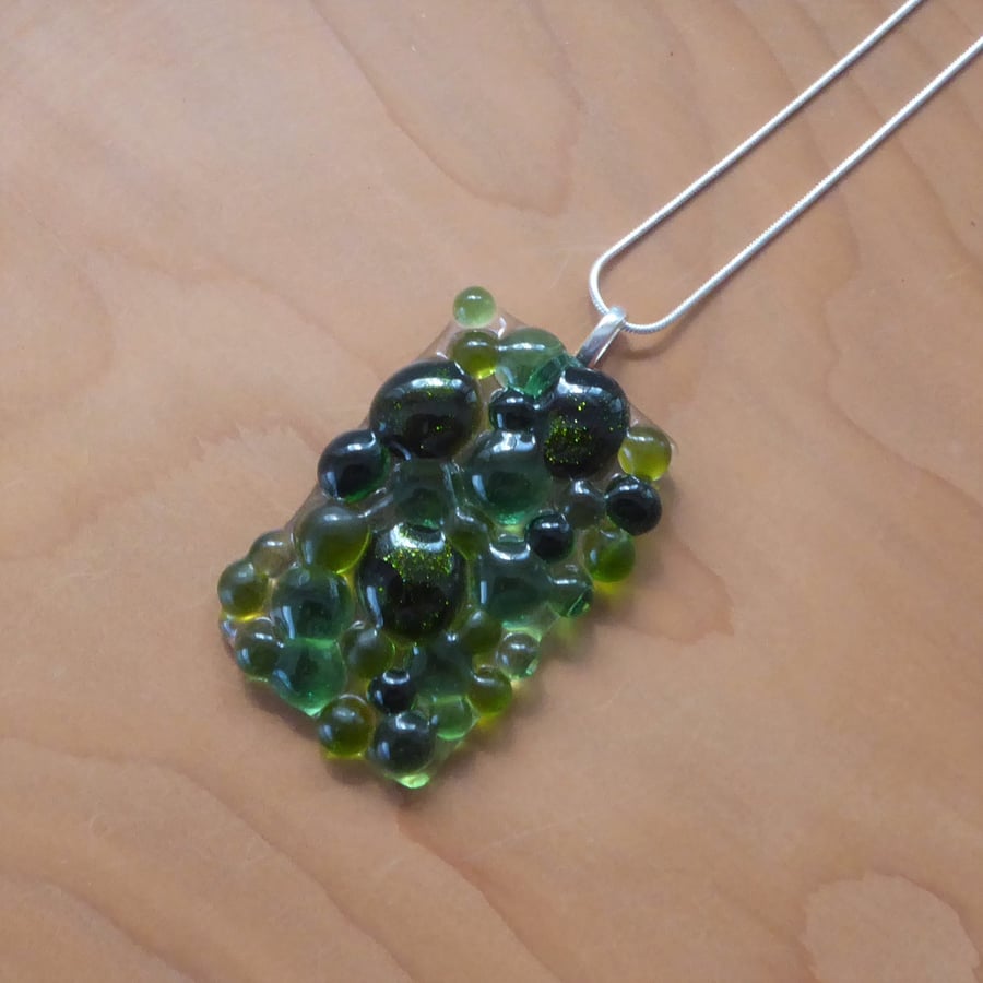 Green bubbles fused glass pendant necklace