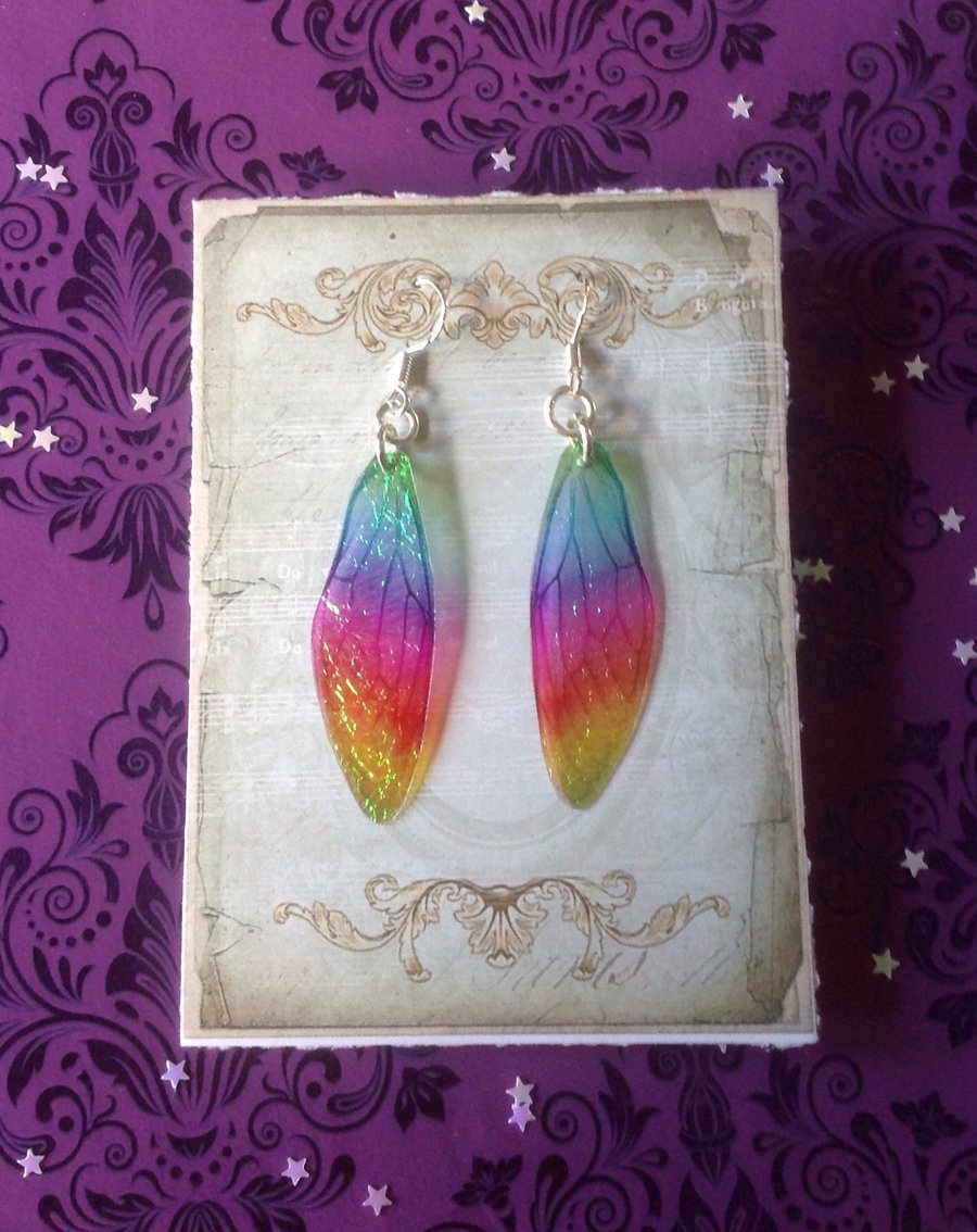 Golden Tipped Rainbow Medium Fairy Wing Sterling Silver Earrings