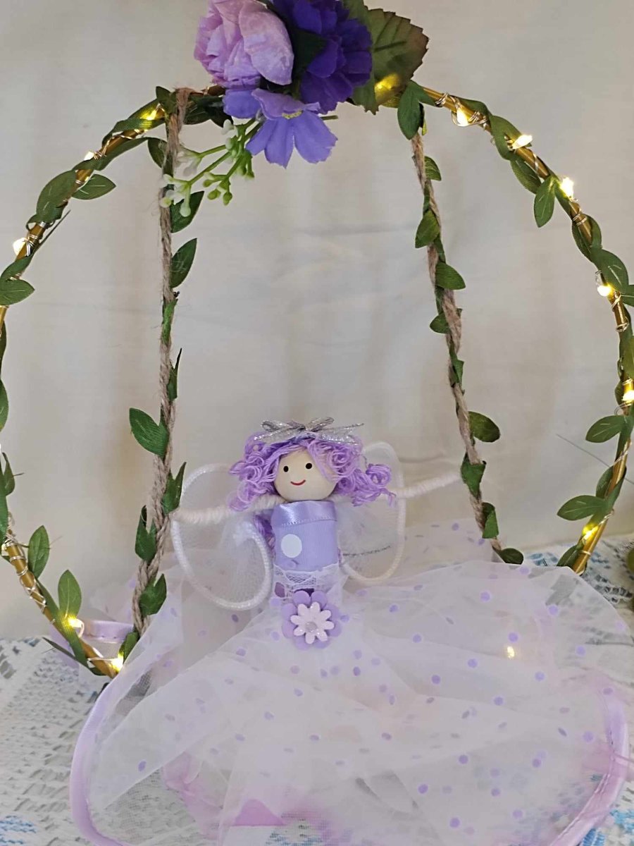 Lilac Fairy doll on a swing,  wall hanging, room decoration wall art