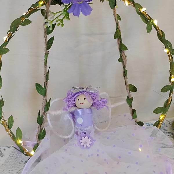 Lilac Fairy doll on a swing,  wall hanging, room decoration wall art