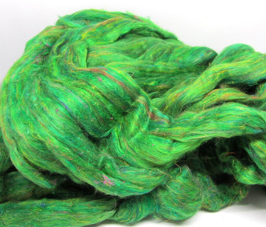 Recycled Carded Sari Silk Fibres - Emerald 50g