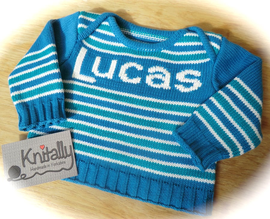 Personalised Knitted Baby Name Jumper Blue, Green, White Stripe Cotton 3-6 month