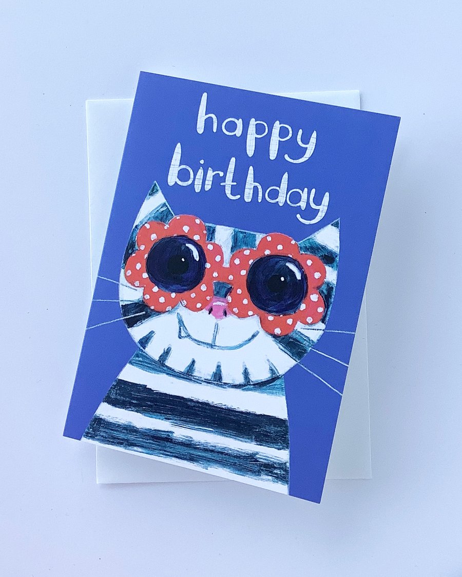 Happy Birthday Sunglasses cat card - Blue- by Jo Brown