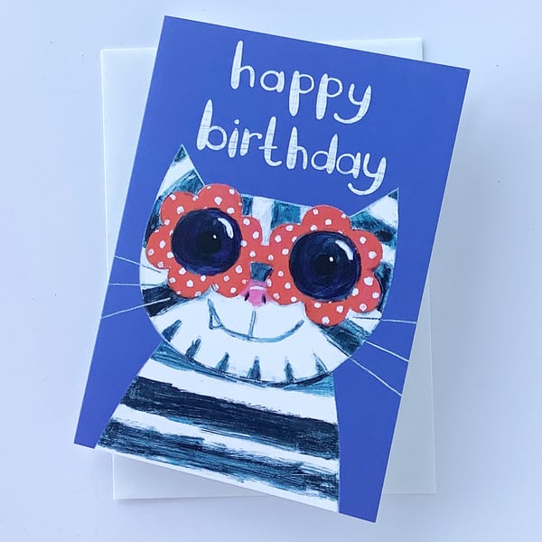 Happy Birthday Sunglasses cat card - Blue- by Jo Brown