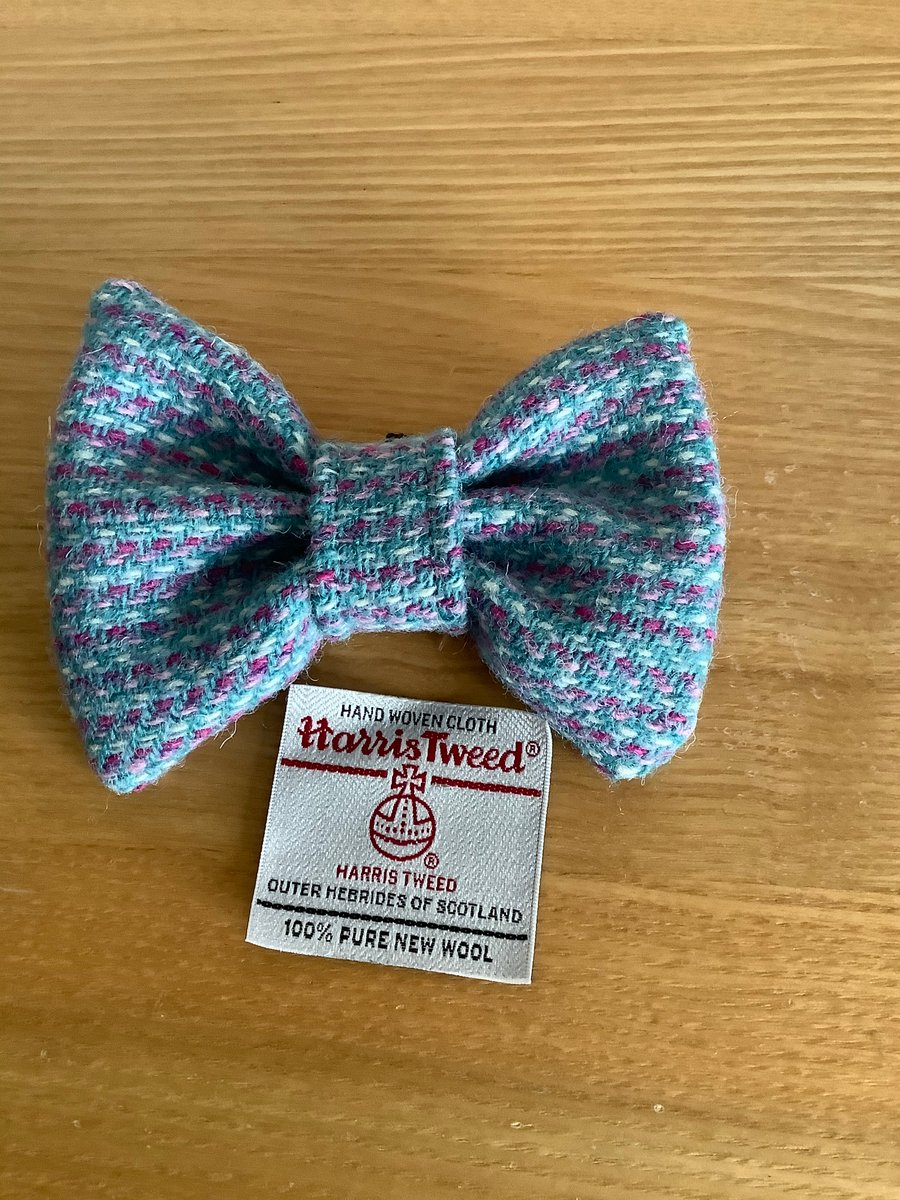 Harris Tweed Dog Bow Tie, Light Blue, Pink &White Stripe,over the collar bow tie
