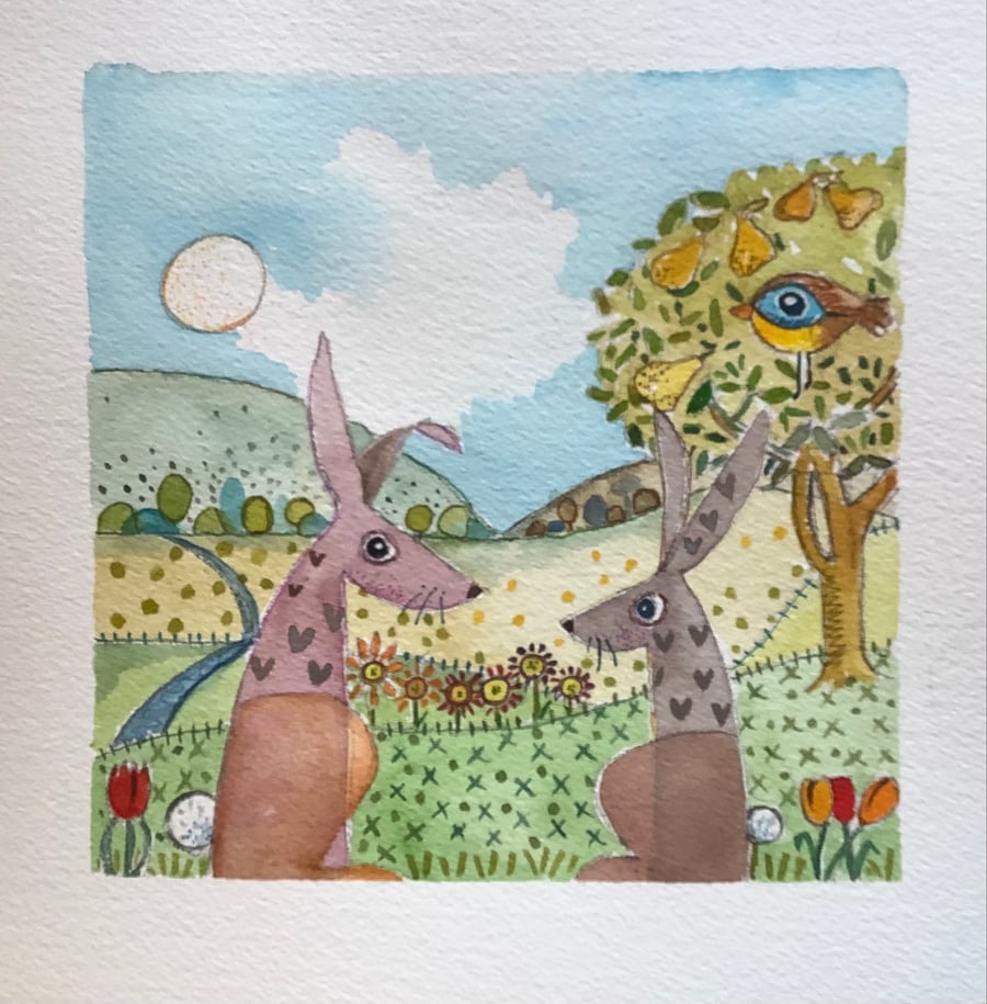 Original water colour with spring hares. Stylised and  highly decorative .