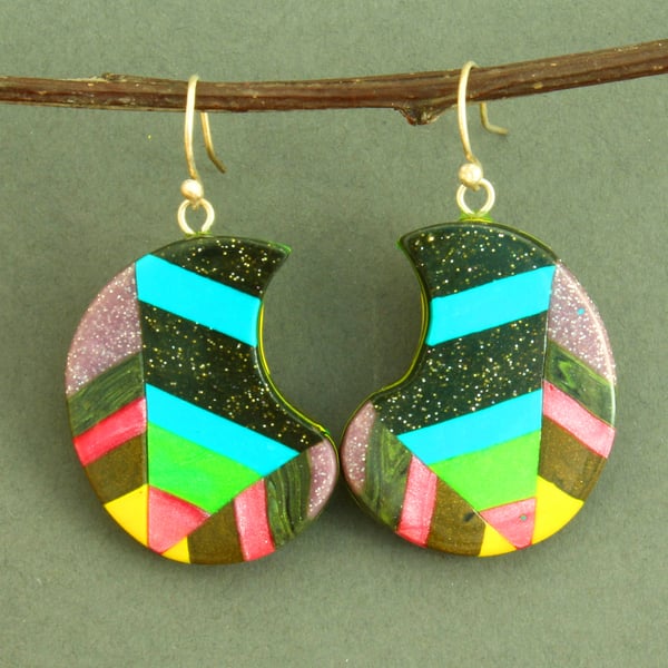 Dangle Disc  Earrings - Modern Abstract Pattern - Handmade - Festival Jewellery