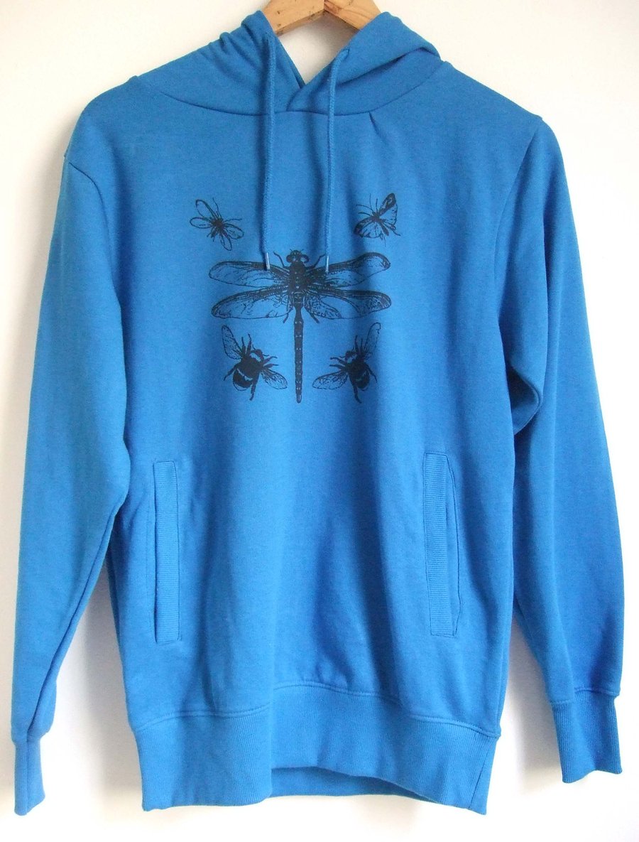 SALE Dragonfly Insects Bright Blue Printed Organic Cotton Hoody 