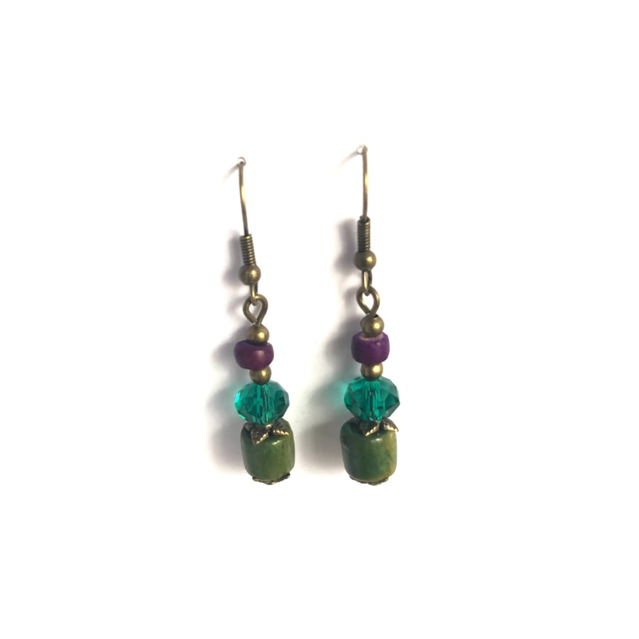 Green Jade Green Purple Brass Effect Dangle Drop Earrings