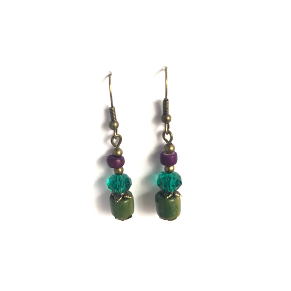 Green Jade Green Purple Brass Effect Dangle Drop Earrings