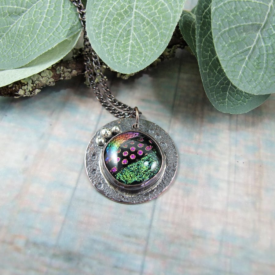 Sparkly Dichroic Glass and Copper Necklace. Artisan Pendant