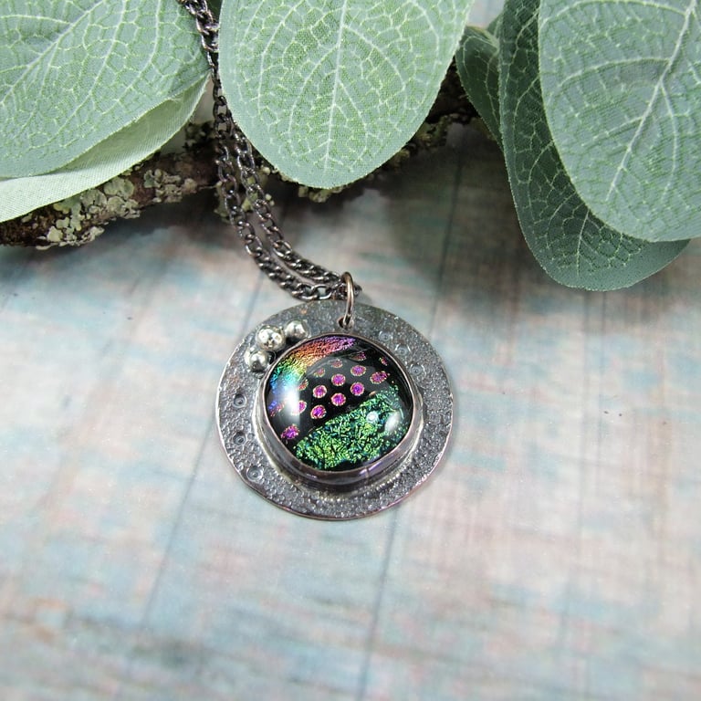 Sparkly Dichroic Glass and Copper Necklace. Artisan Pendant