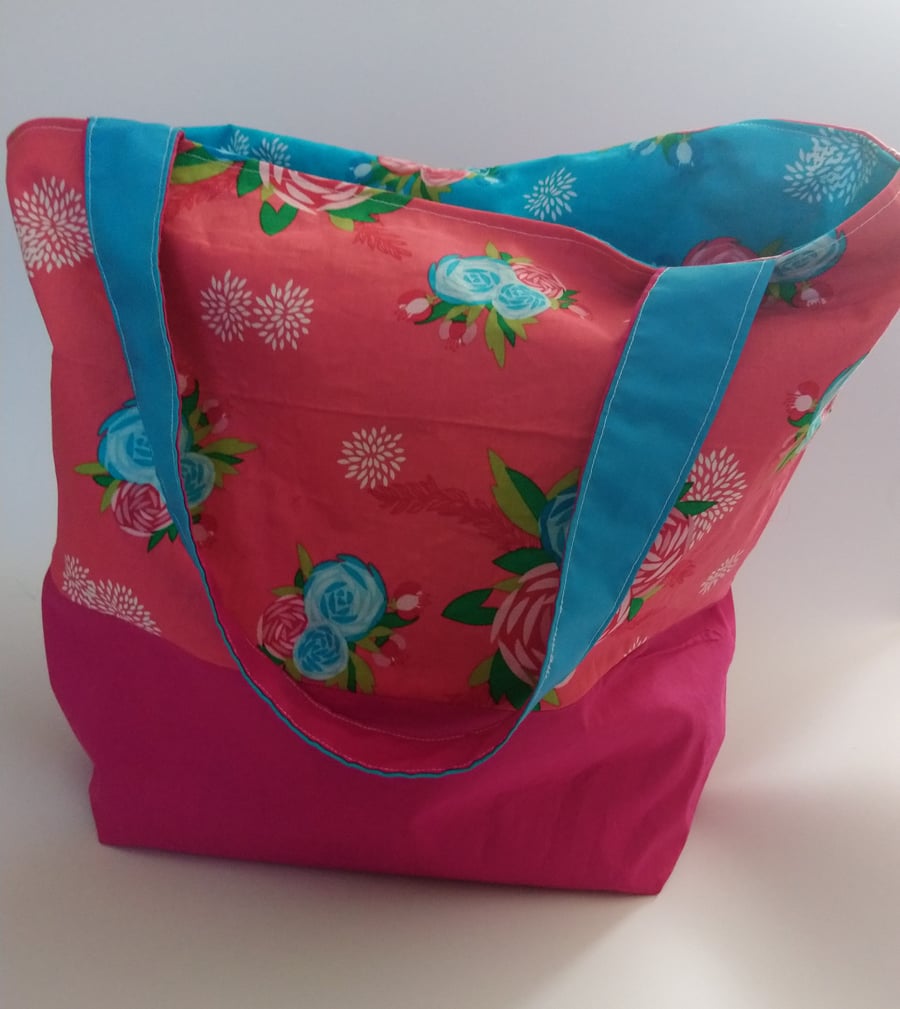 Reversible Pink and Blue Floral Tote Bag
