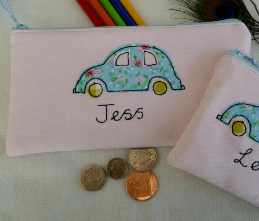 Personalised Car Cosmetic Bag - Custom Floral Car Embroidered on Pink Cotton Mak