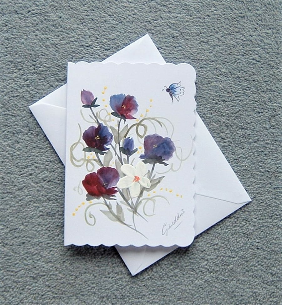 greetings card original art floral hand painted blank card ( ref F 238 )