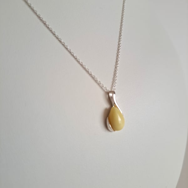 Amber Milky White Drop Necklace. Baltic Amber, Amber, Sterling Silver, Handmade