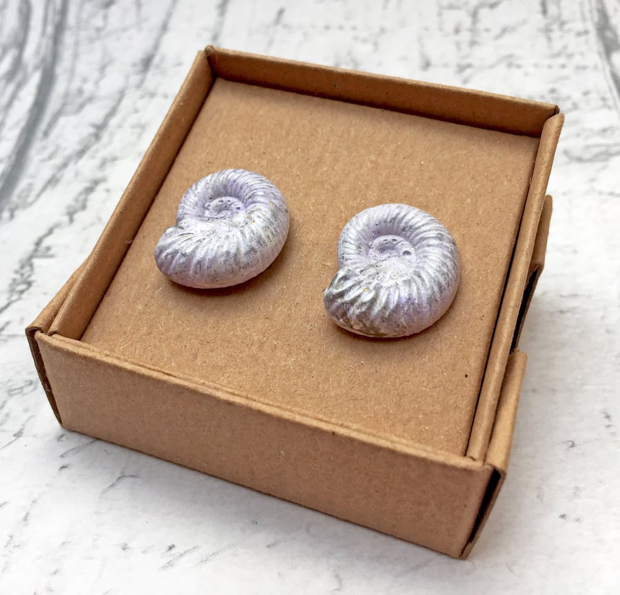 Ammonite stud earrings in pale lilac, bronze and white jewel enamel fossil lover