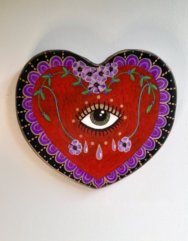 Hand Painted Sacred Heart, Forget Me Not Folk Art, Healing and Remembrance Gift 