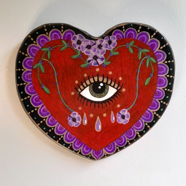 Hand Painted Sacred Heart, Forget Me Not Folk Art, Healing and Remembrance Gift 
