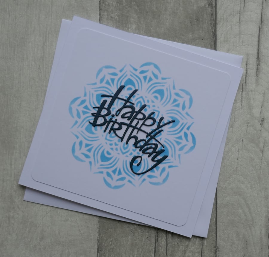 Pale Blue Zen Mandala with Dark Blue Happy Birthday - Birthday Card