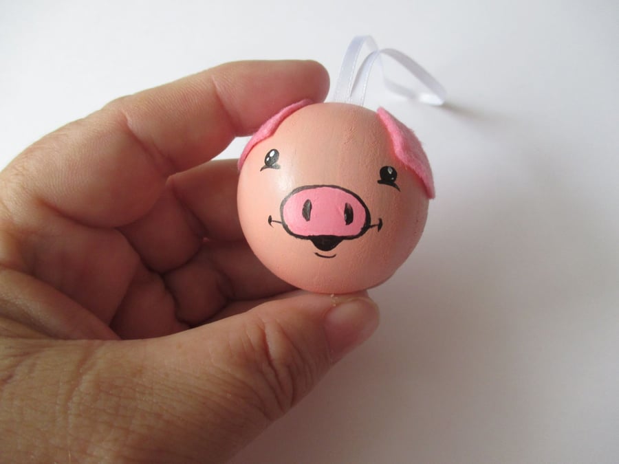 Pink Pig Hanging Decoration Christmas Tree Bauble Wood Wooden Hand Painted