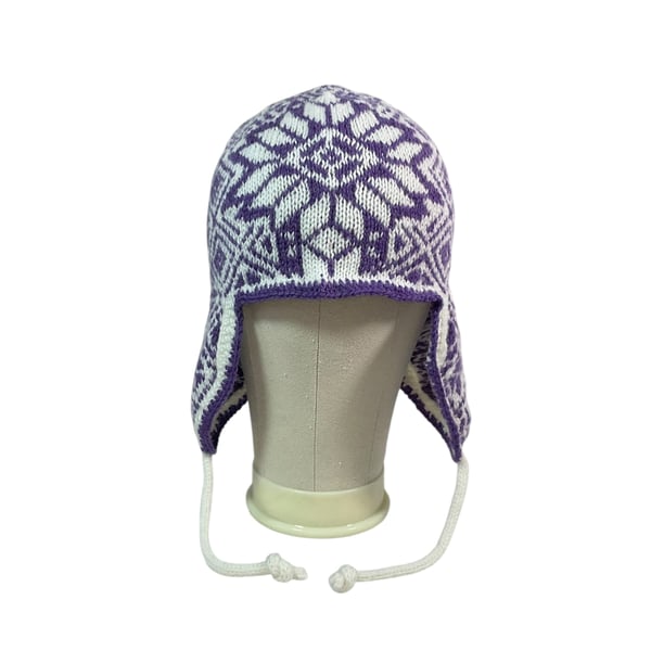 stranded purple and white earflap hat, chullo Andean wool unisex, warm winter