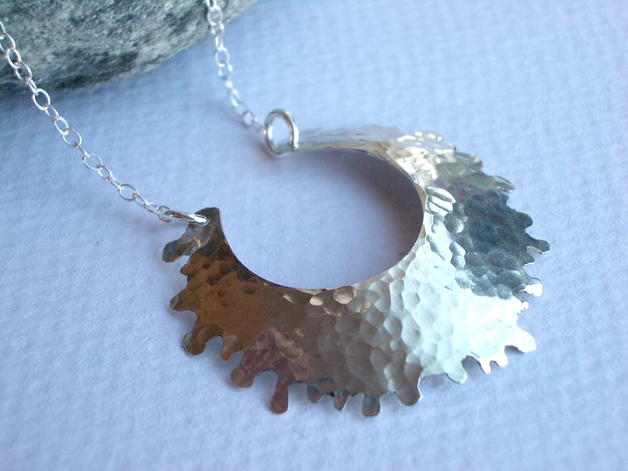 Sterling silver hand made hammered crescent pendant necklace