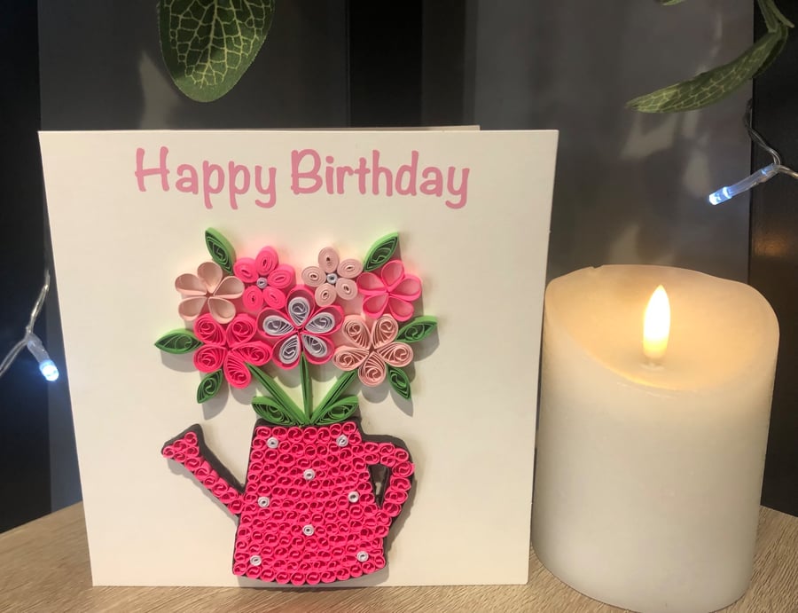 Handmade quilled watering can with flowers 