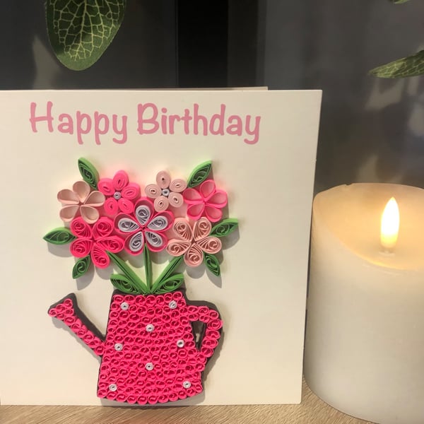 Handmade quilled watering can with flowers 