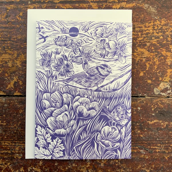 Linocut print - Bluetit - Greeting Card - Bird - Birthday Card - Nature Card - H