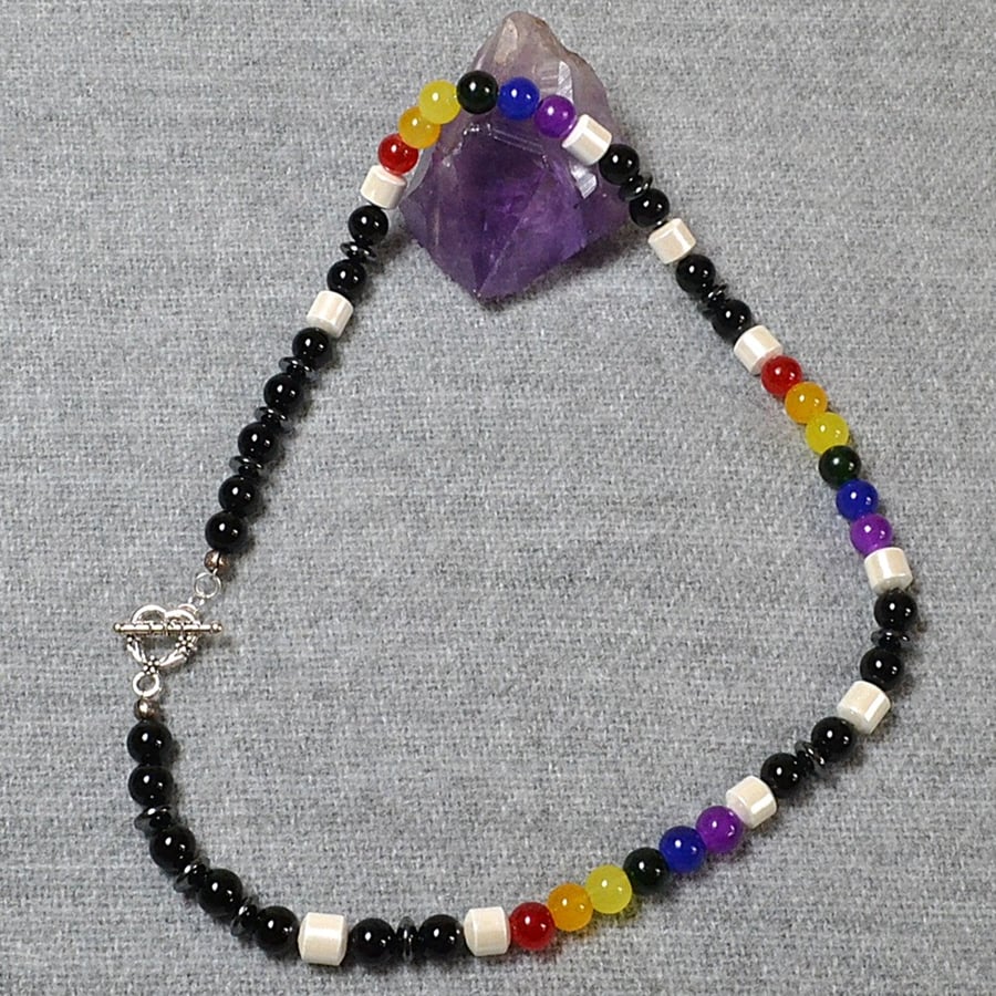 Pride Flag Necklace with Black Glass Beads and Hematite