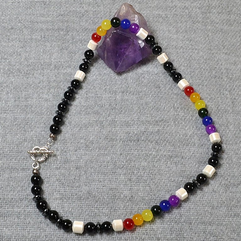Pride Flag Necklace with Black Glass Beads and Hematite