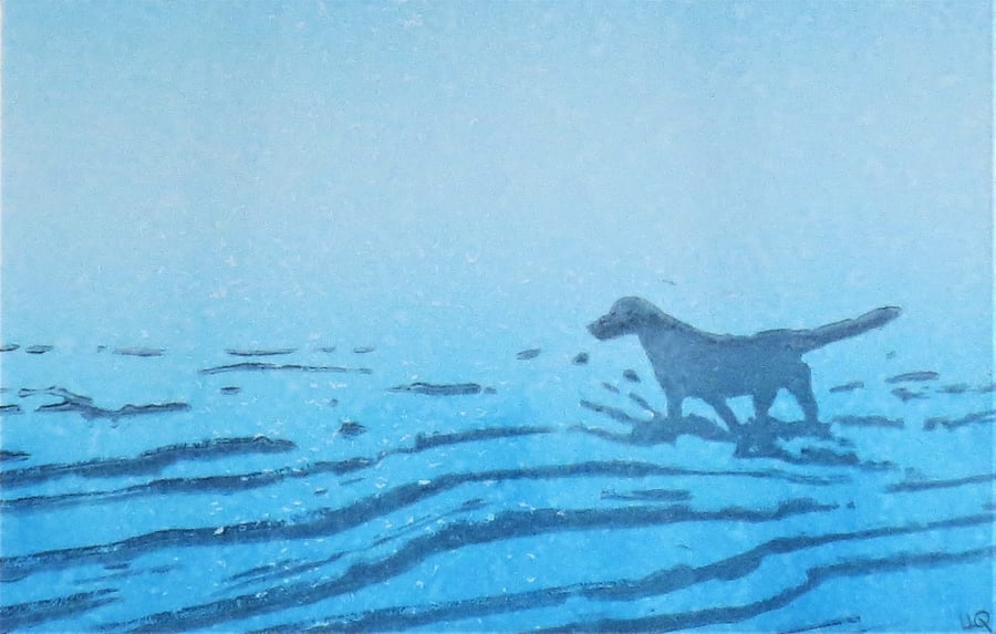 Original print dog paddling in the sea coastal seaside print
