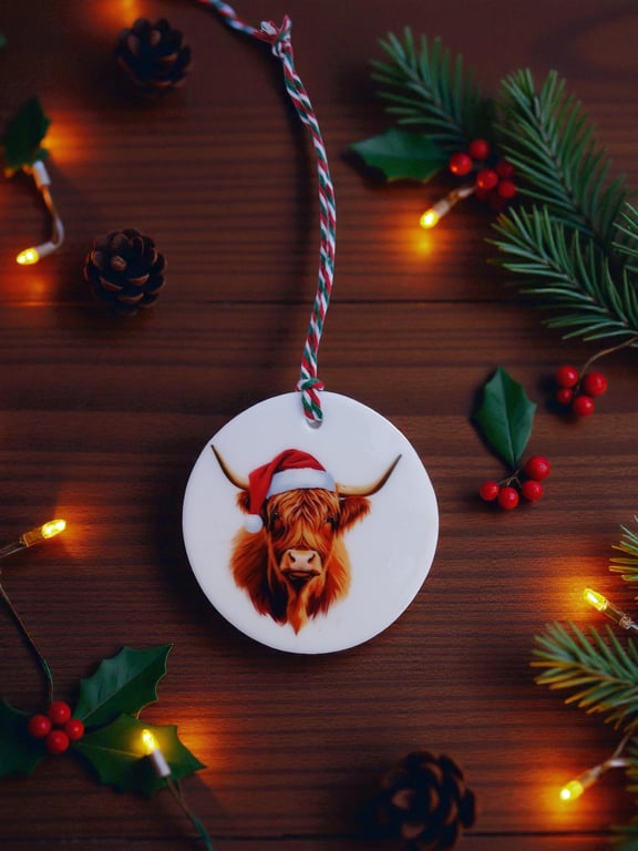 Festive Highland Cow Round Ceramic Christmas Decoration Tree Ornament