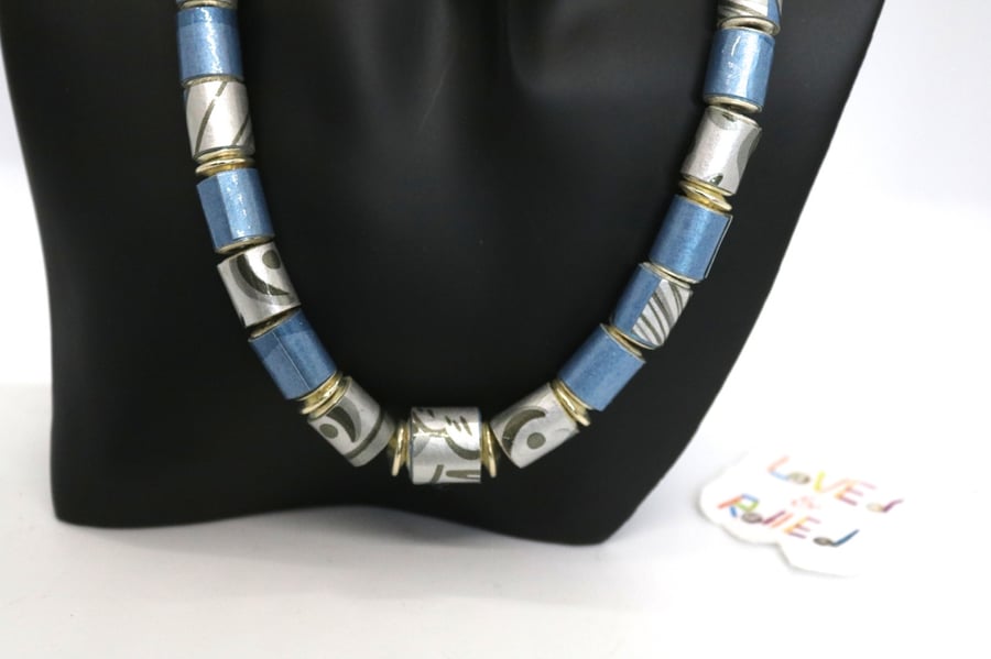 Metallic blue and patterned grey paper beaded necklace on a silver plated chain