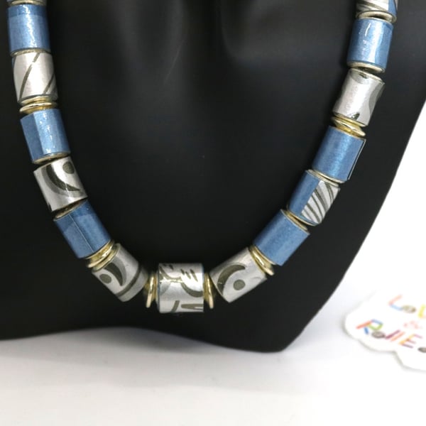 Metallic blue and patterned grey paper beaded necklace on a silver plated chain