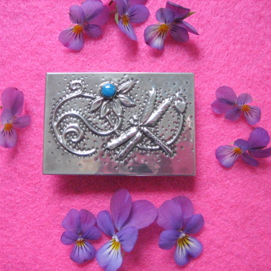 Turquoise dragonfly brooch in pewter