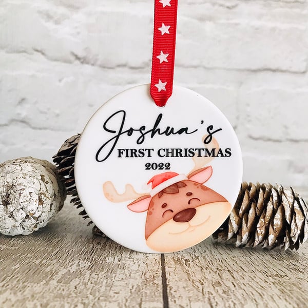 Personalised first christmas bauble, babys first christmas bauble, Reindeer 