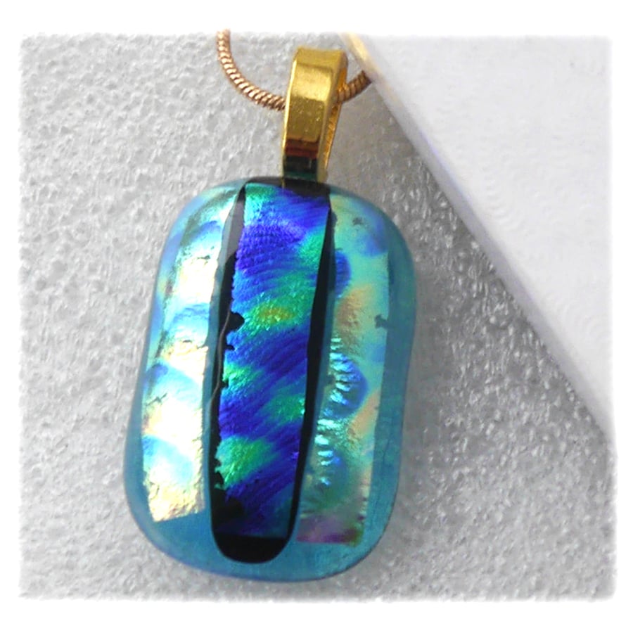 sold Teal Patchwork Dichroic Glass Pendant 204 gold plated chain