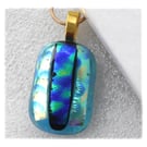 Teal Patchwork Dichroic Glass Pendant 204 gold plated chain
