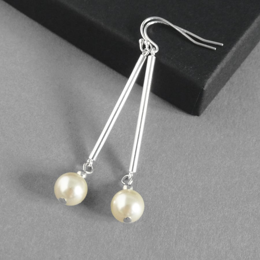 Long Cream Pearl and Sterling Silver Bar Dangle Earrings - Simple Drop Earrings