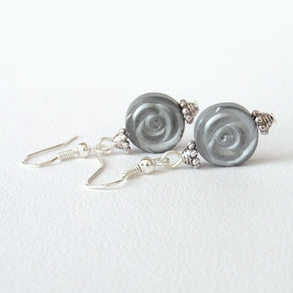 Silver hematite rosebud coin earrings