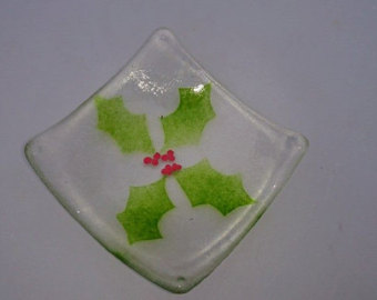 Fused Glass Holly Trinket Dish