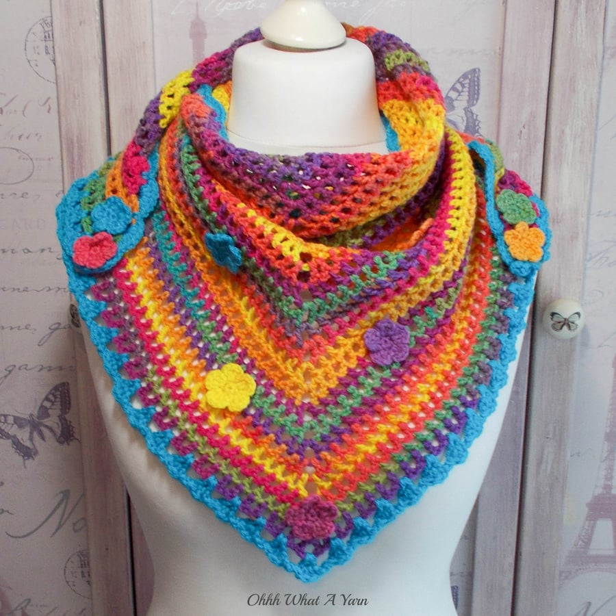 Bright rainbow crochet shawl, scarf, shawlette, wrap. Rainbow crochet scarf.