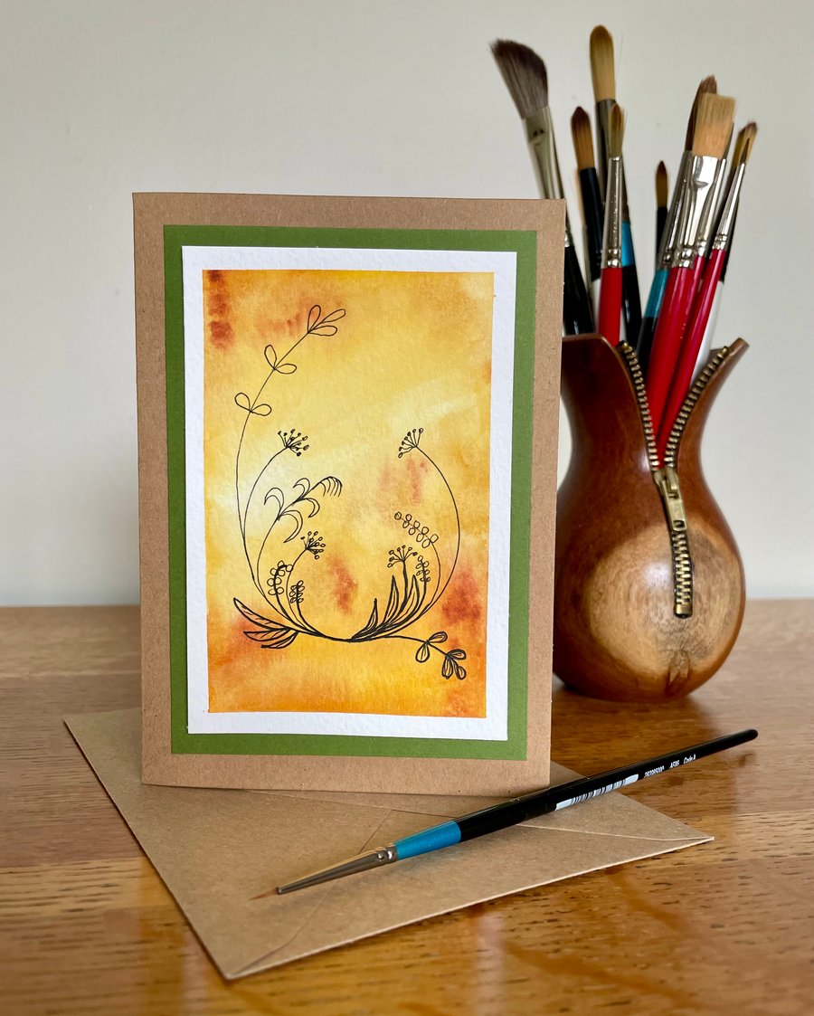 Greeting card, golden abstract hand painted watercolour original artwork.