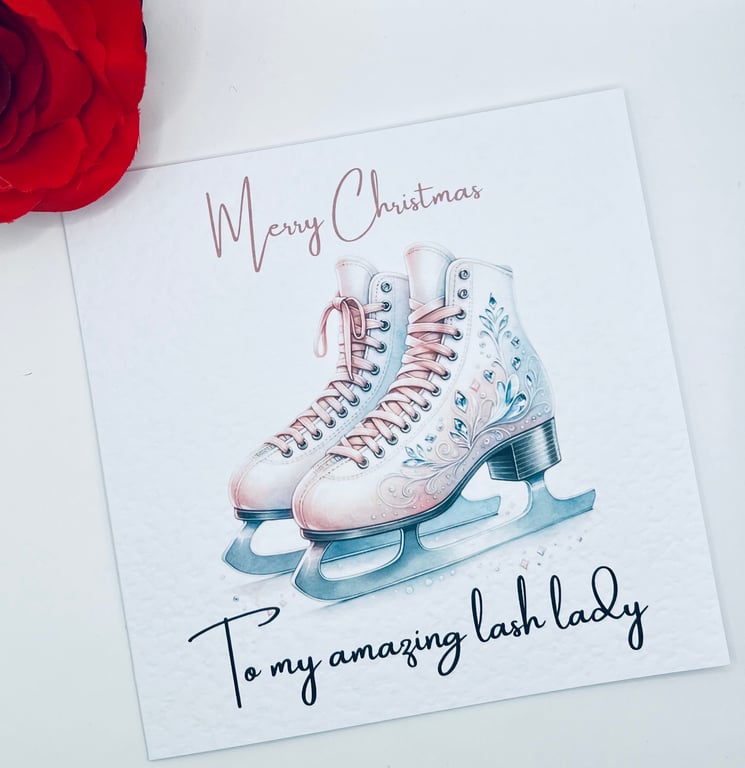 Christmas card with watercolour iceskates for lash lady, hairdresser, teacher