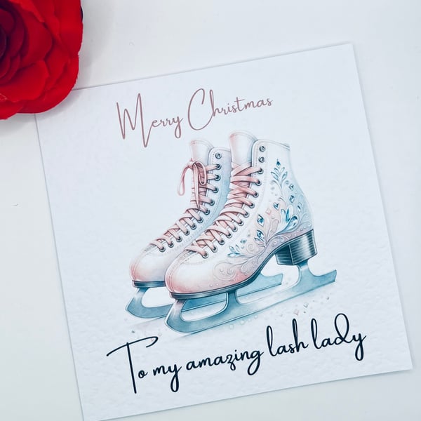 Christmas card with watercolour iceskates for lash lady, hairdresser, teacher