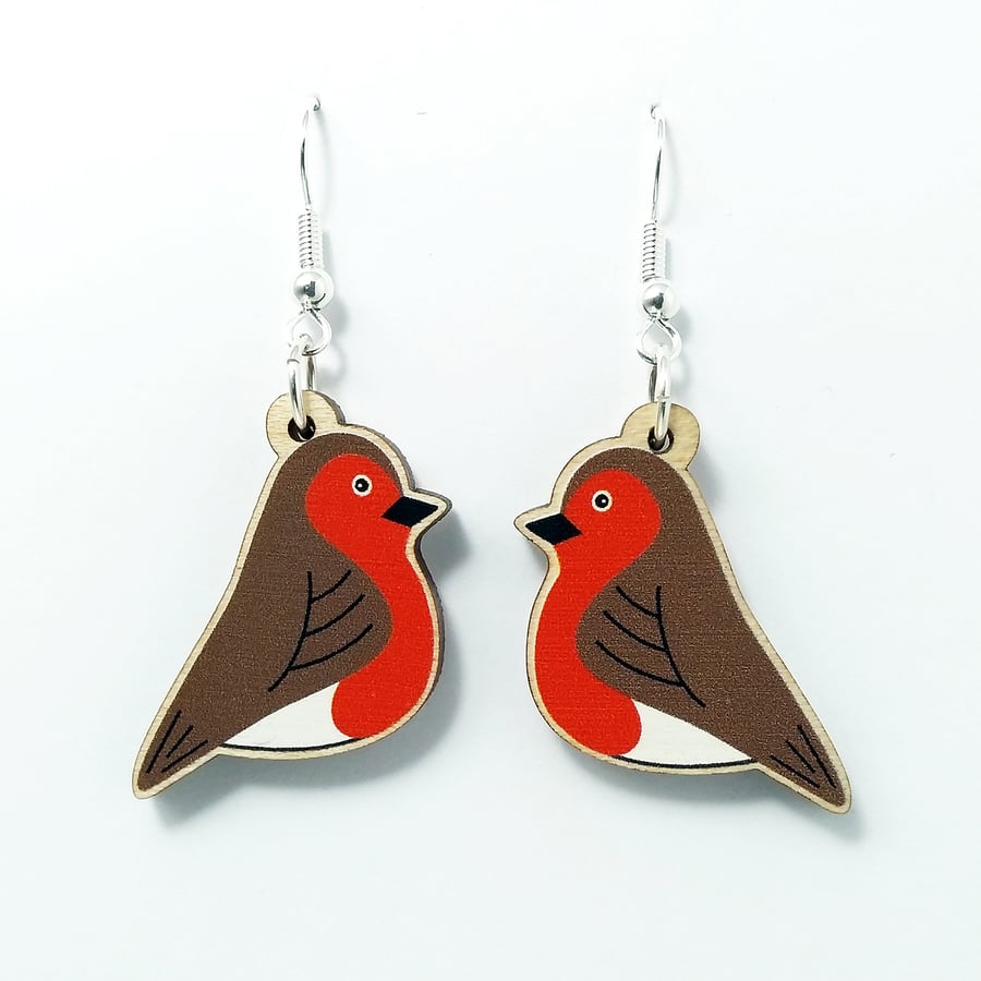 Robin Drop Earrings, Wooden Dangly, Silver Plated or Sterling Silver Hooks