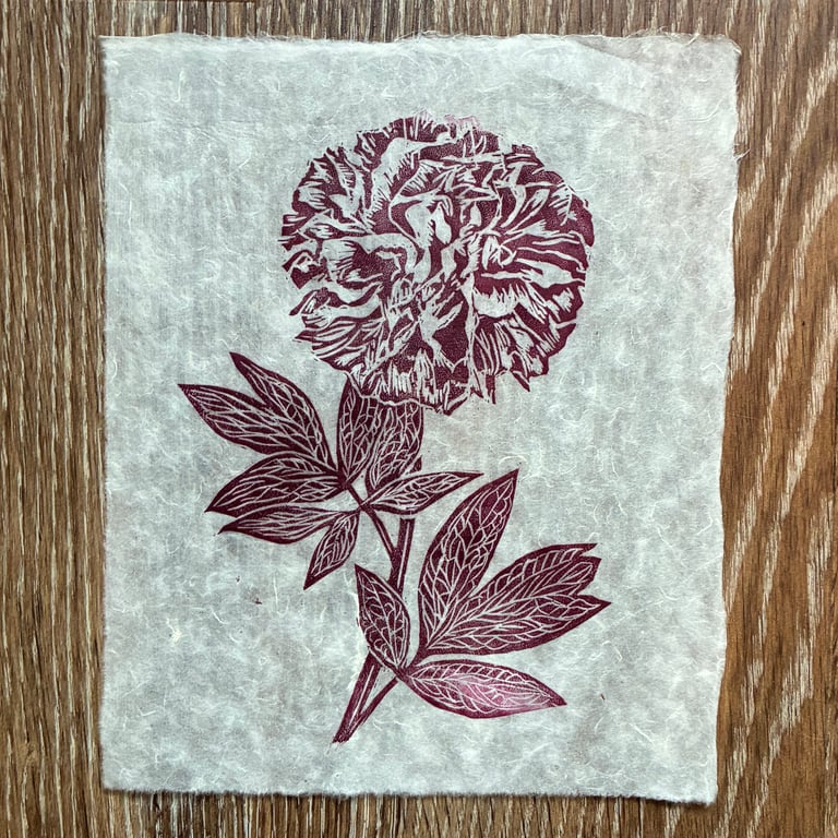 PERFECTLY IMPERFECT Deep red peony original linocut print